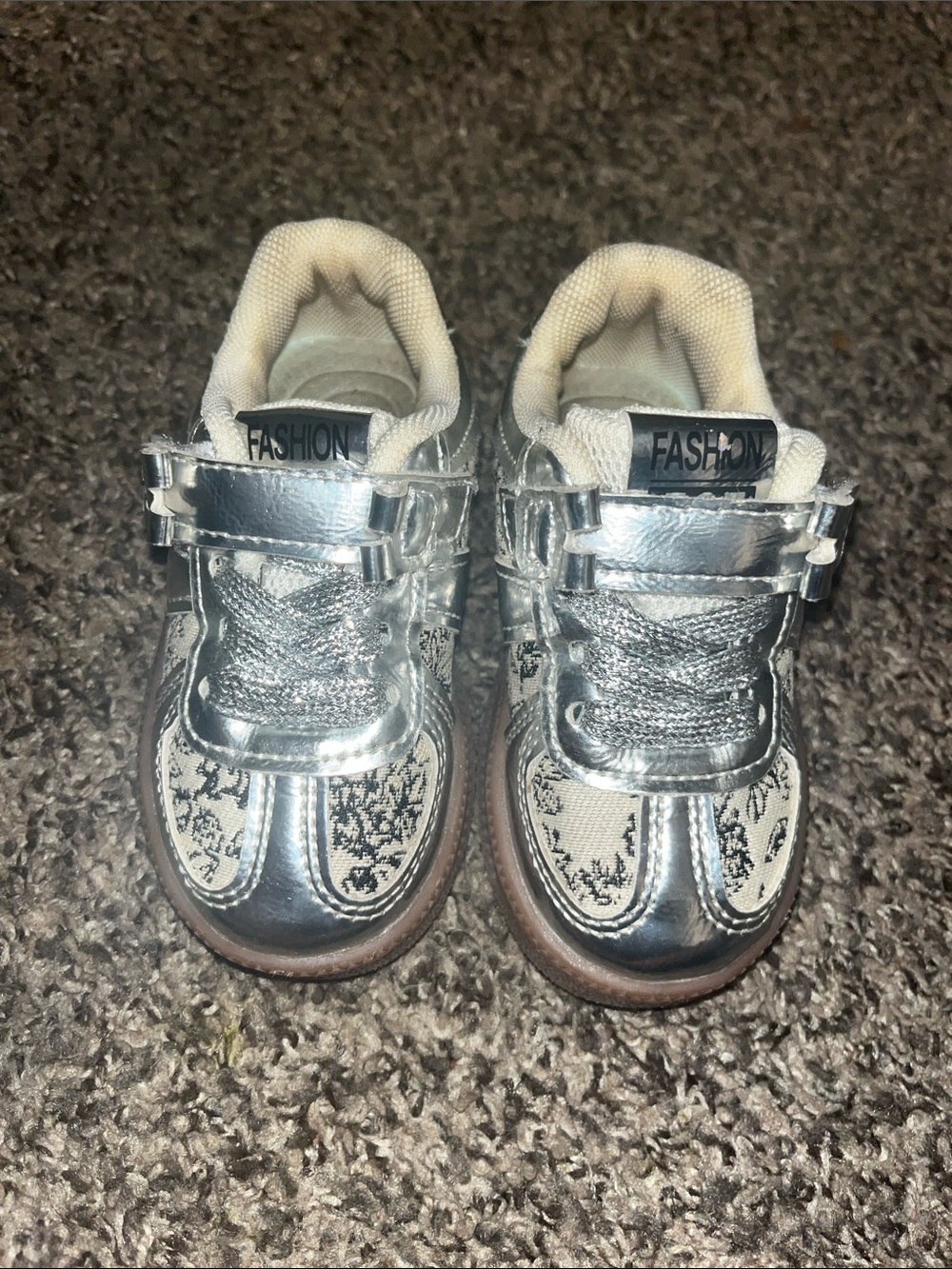 Kids Metallic Silver 'Fashion' Sneakers with Patterned Panels